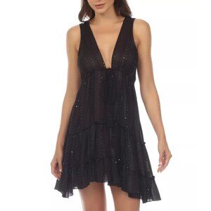 RAVIYA Boho Metallic-Stripe Accented Tiered Mini Dress Cover-Up